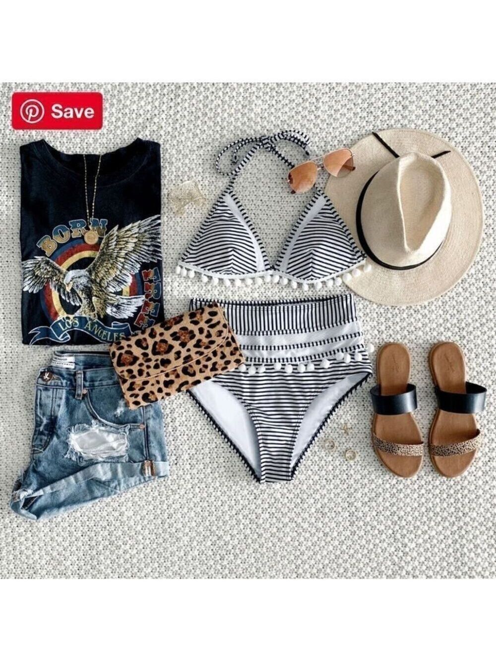 NWOT COCOSHIP Mesh Striped High Waist Bikini Set Tassel Trim Top Halter Swimsuit